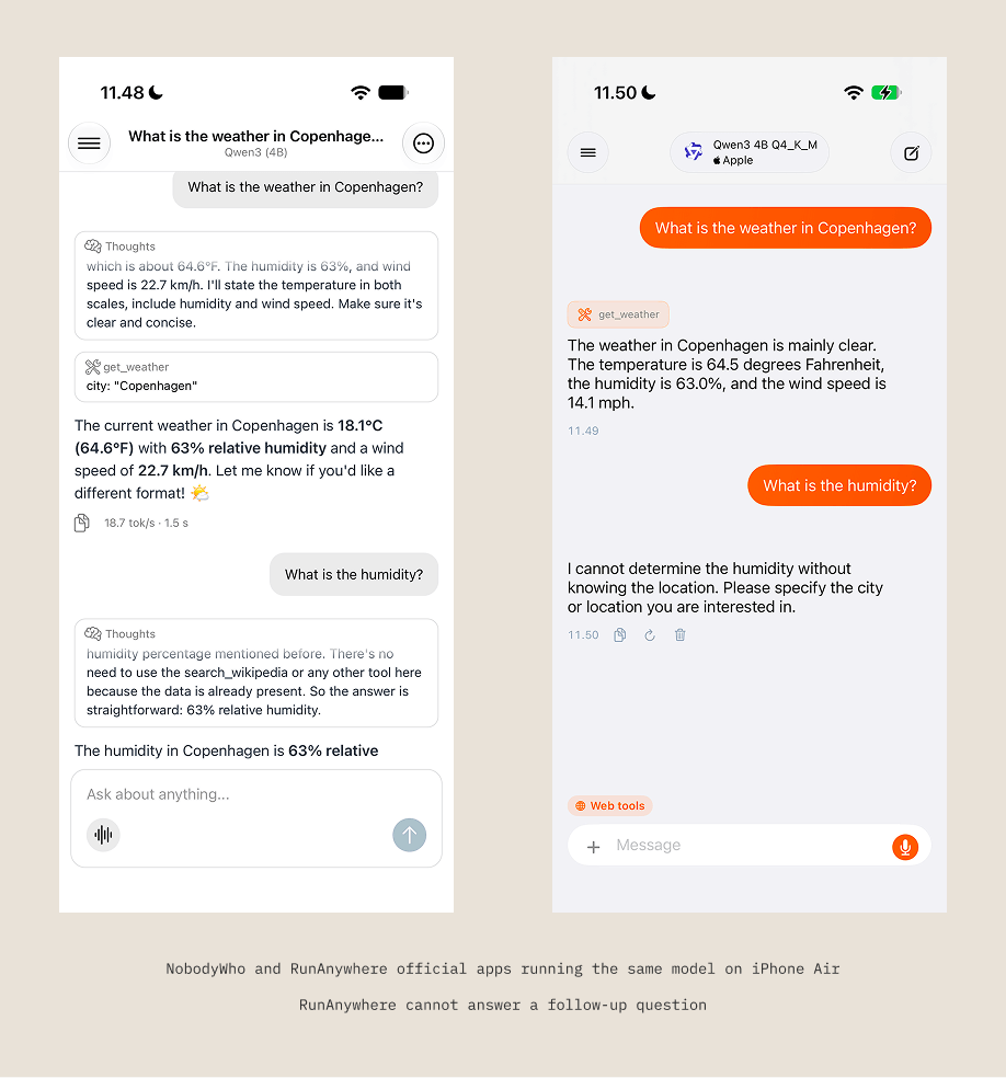 Tool-calling test on iPhone Air